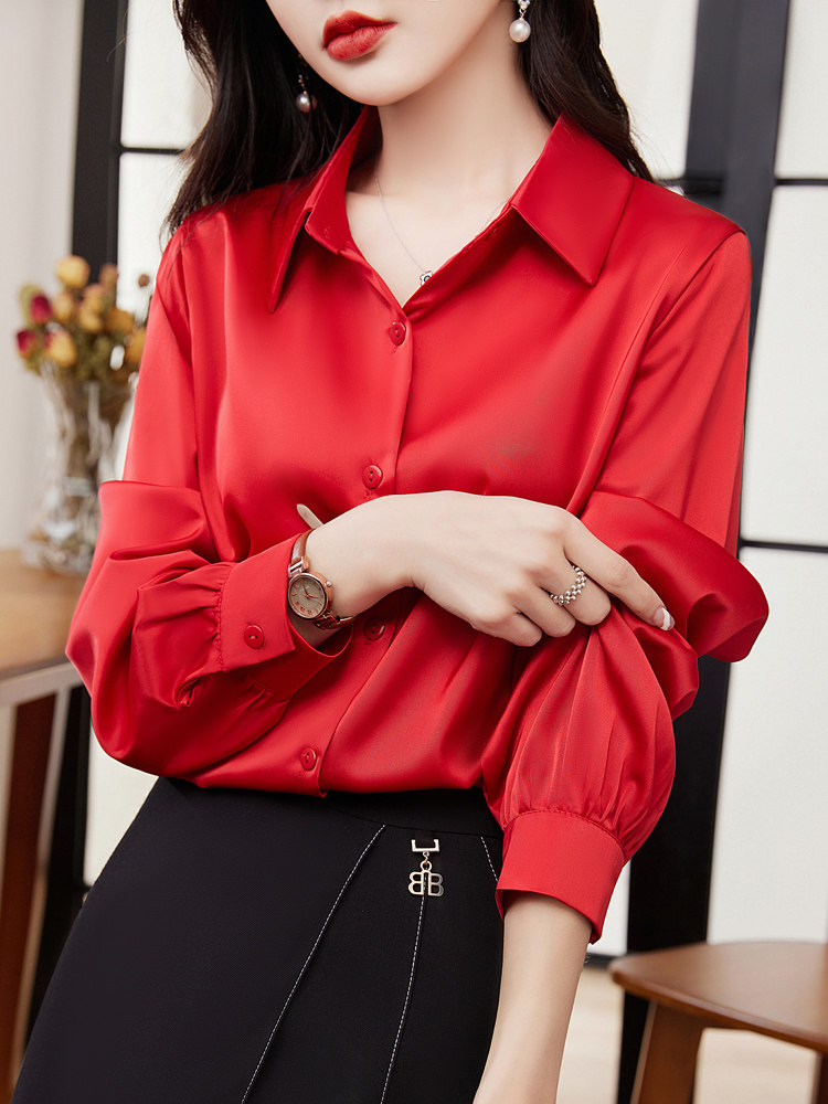 白衬衫女真丝气质长袖冰丝女衬衣上衣夏季丝滑缎面宽松POLO领漂亮,女装衬衫,元素羊绒