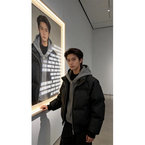 网图 美式假两件pu皮短款棉服男款冬季加厚工装棉袄连帽外套特P85图片
