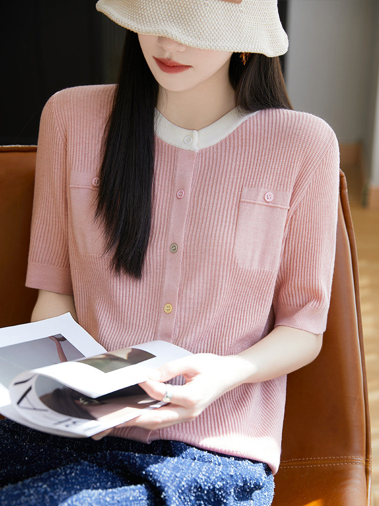 常规五分袖修身型2025年夏季短袖夏季薄款针织衫针织开衫上衣,女装T恤,暖圣羊羊绒