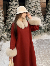 现货新款2177-P450-K669双面羊绒大衣圣诞红配狐狸毛领真袖毛，女装双面呢大衣，然然