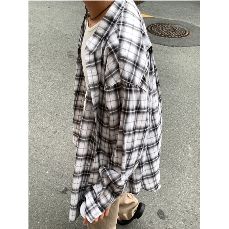 格子衬衫男长袖春季宽松休闲衬衣翻领复古cleanfit外套828P50,男装衬衫,星座710