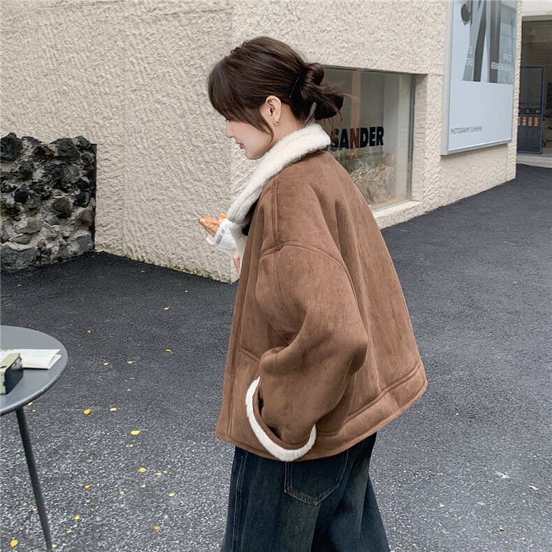 卡其色麂皮绒羊羔毛加厚保暖棉服H8356P185K278,女装棉衣/棉服,红龙果