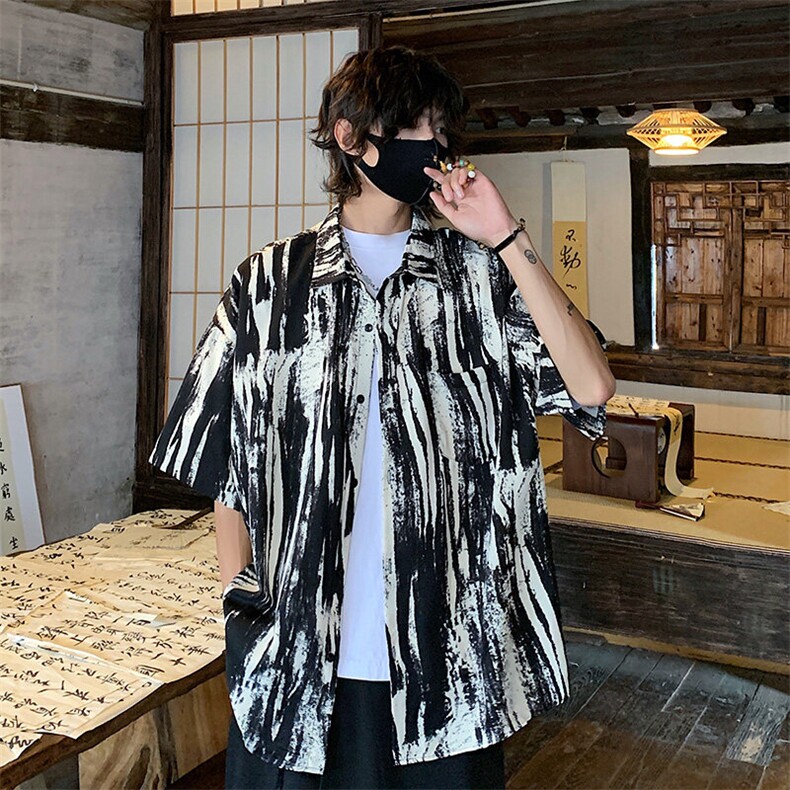 新中式国风短袖衬衫男款夏季薄款冰丝痞帅国潮水墨画五分衬衣外套，男装T恤，电商A001