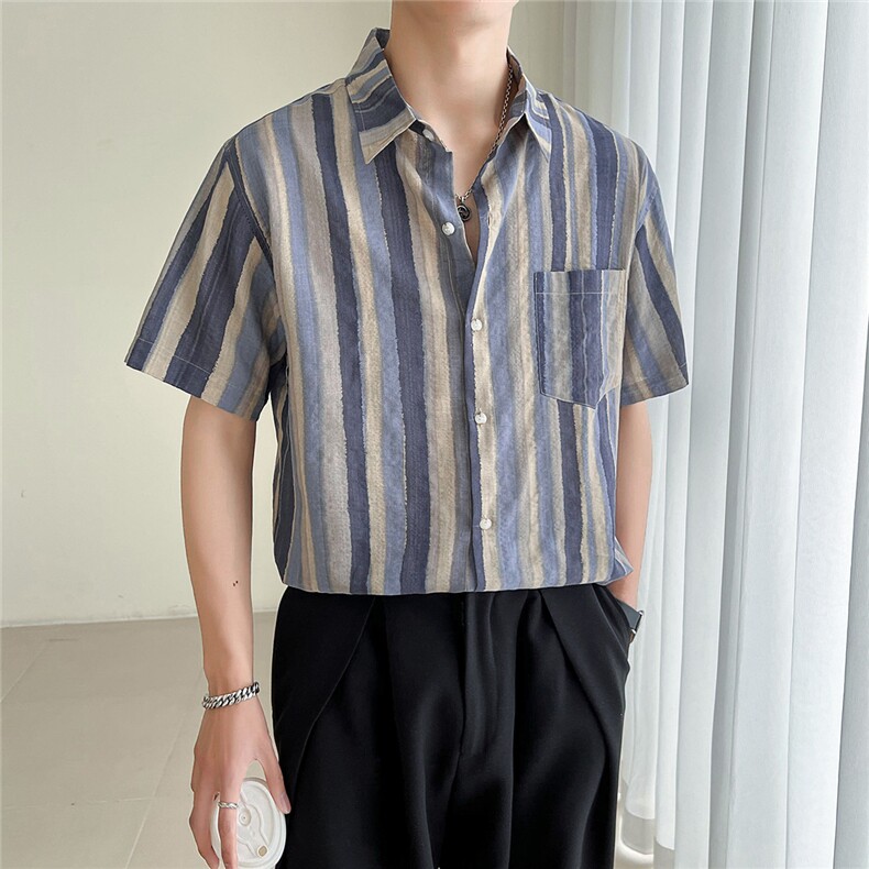 轻熟风夏季印花条纹短袖衬衫男装宽松衬衣休闲TZ95P5078,男装T恤,电商B413
