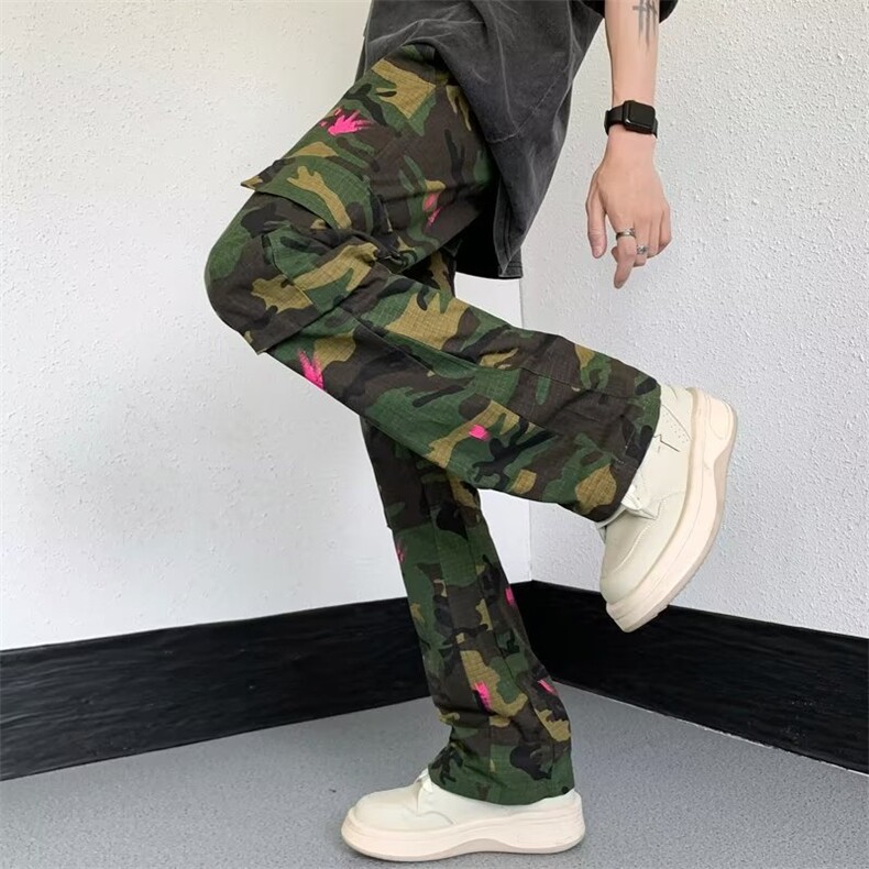 美式高街嘻哈hiphop涂鸦迷彩工装休闲裤男ins潮牌宽松直筒微喇裤,男装休闲裤,星座1013