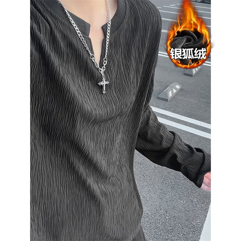 480g重磅加厚银狐绒肌理感V领男大码长袖T恤T1704J加绒-特P30控58,男装T恤,电商A001