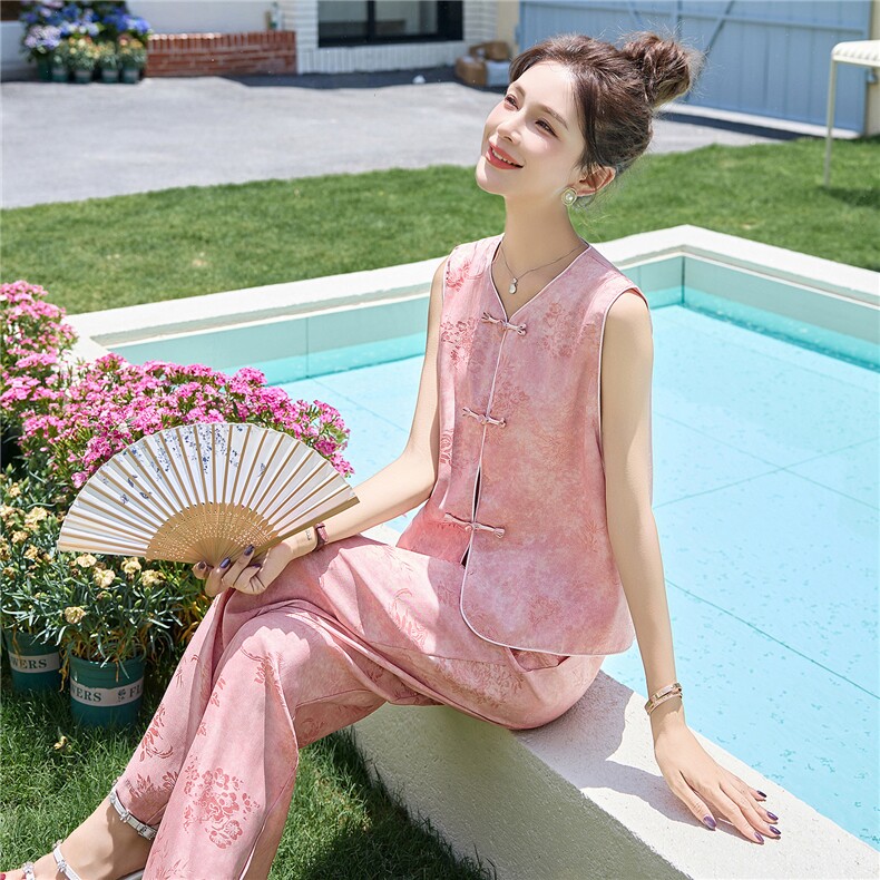 现货新款休闲重工艺女夏薄款宽松小个子时尚新中式气质两件套，女装套装/套裙，美静678