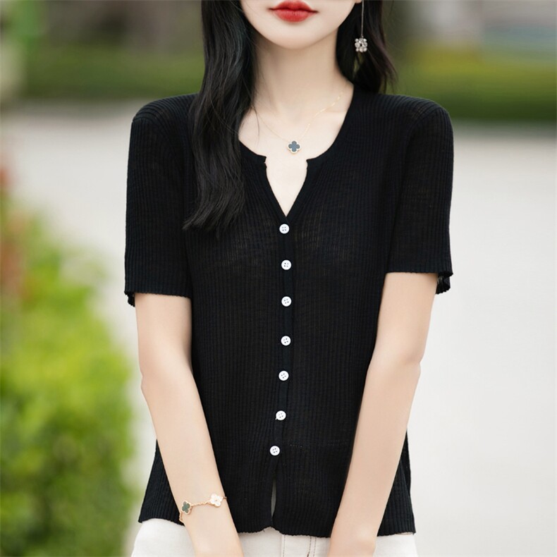 竹节麻针织V领短袖女T恤夏季裙子外搭上衣披肩薄款坑条显瘦外套潮,针织衫/毛衣,东远绒业