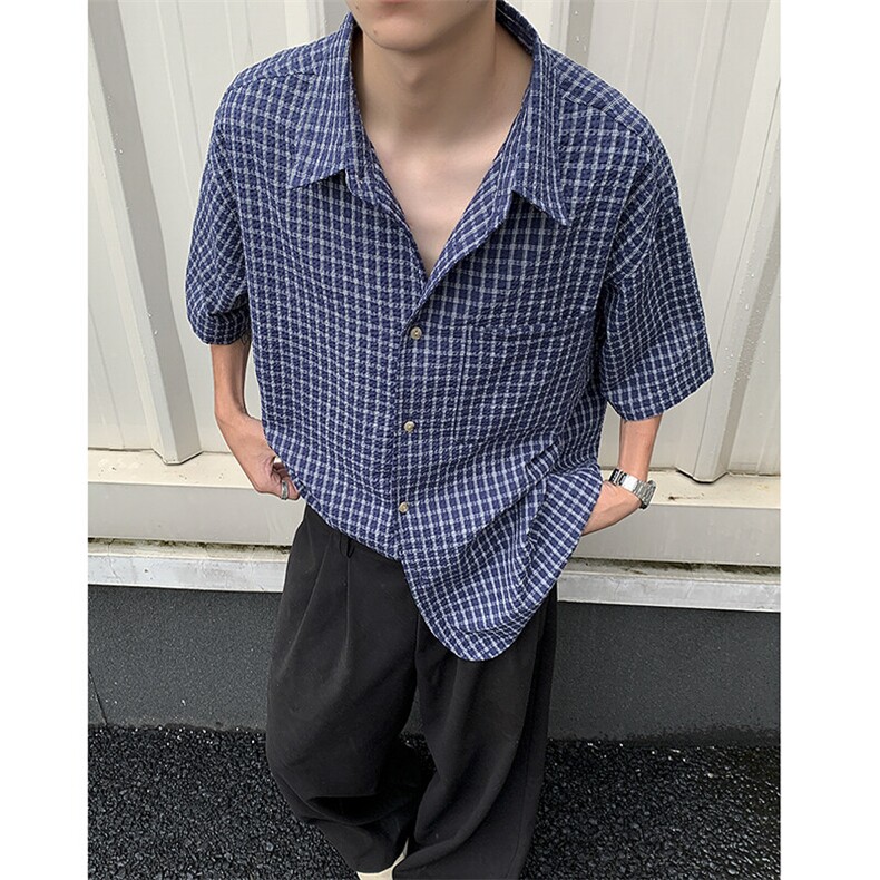 短袖男夏季薄款格子衬衫潮牌港风翻领休闲宽松上衣CS41-P40，男装T恤，星座308B-1