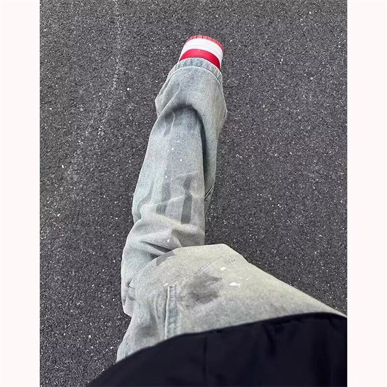 水洗脏染泼墨设计直筒牛仔裤男春秋季美式高街vibe修身显瘦微喇裤,男装牛仔裤,星座506A