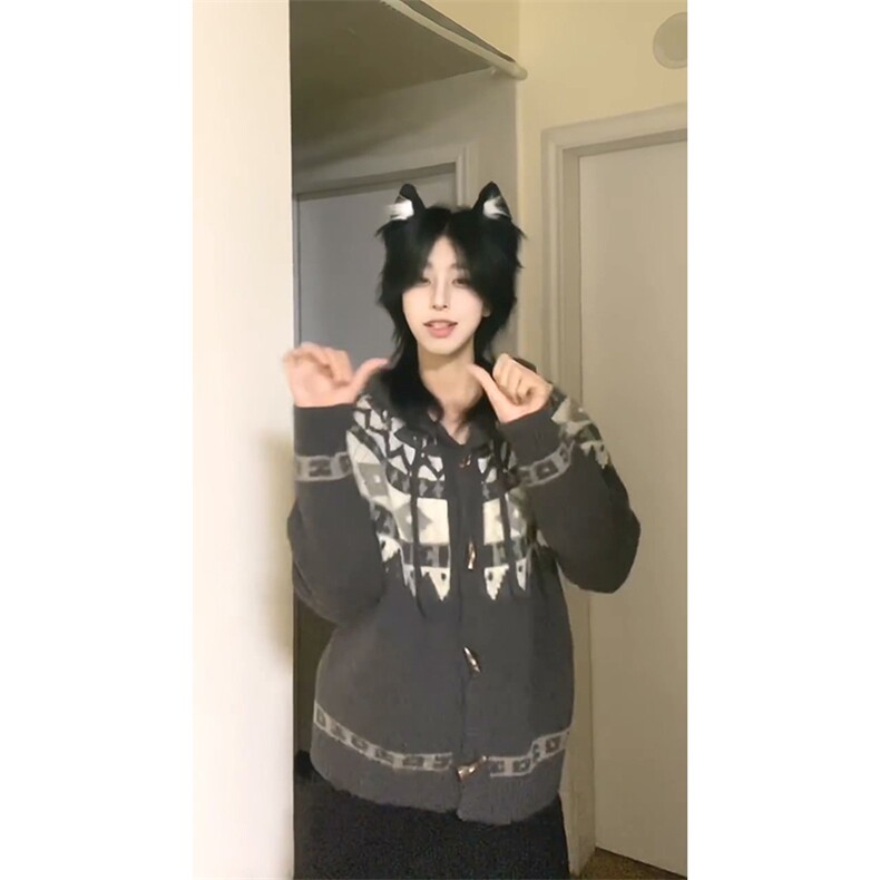 重磅秋冬北极绒开衫毛衣美式复古休闲慵懒风牛角扣针织衫连帽外套,男装针织衫/毛衣,电商A486-1