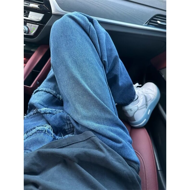 拉链长裤直脚秋季新款水洗宽松毛边拼接小众牛仔裤常规NK7034,男装牛仔裤,星座1116A-1（原606A）