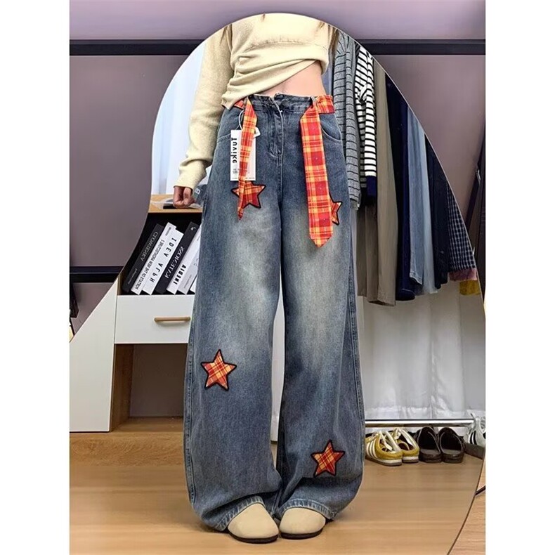 568-P55大码复古拼接设计感阔腿牛仔裤女夏新款假两件格子宽松,男装牛仔裤,电商B323A
