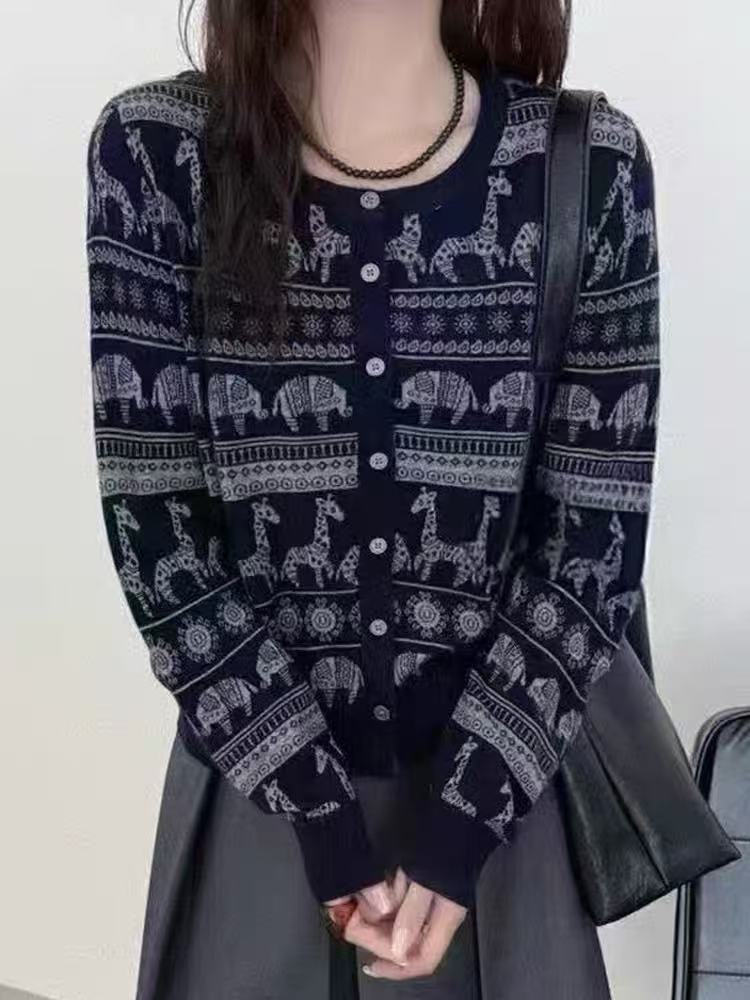 法式高端费尔岛提花毛针织开衫女2025新款长袖毛衣外套叠穿上衣潮,针织衫/毛衣,晨旭羊绒