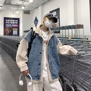 假两件牛仔外套男春秋潮牌设计感拼接港风J2100P80图片