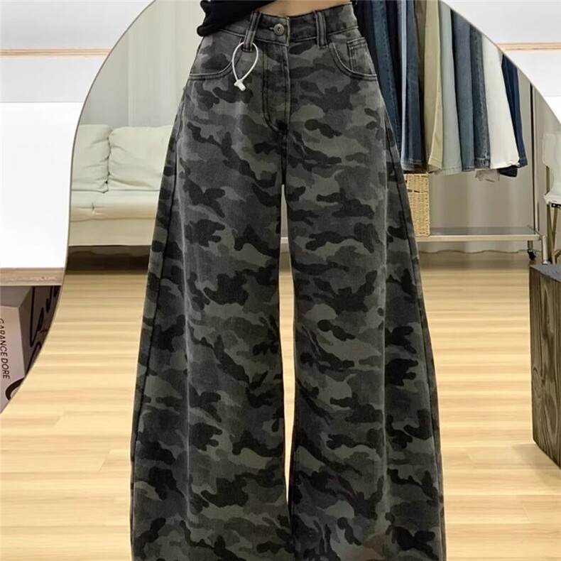 266-P35美式复古迷彩灰直筒牛仔裤女2025春夏高腰宽松显瘦,男装牛仔裤,电商B323A