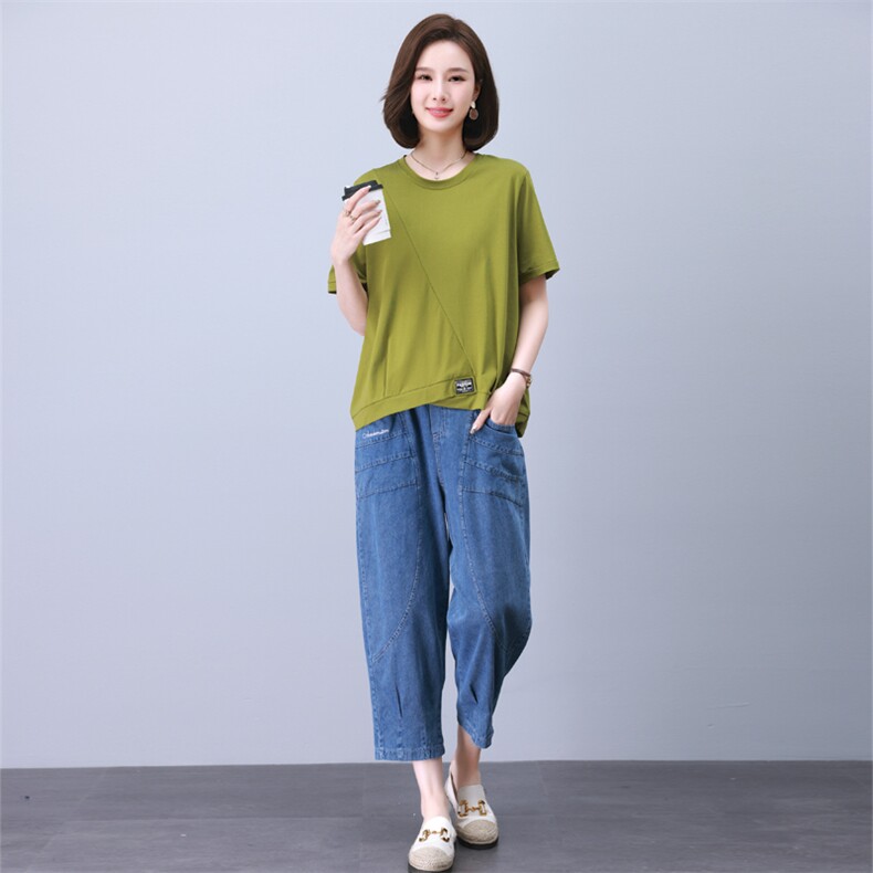 胖MM冰丝牛仔套装夏薄款宽松大码女装休闲中年妈妈装哈伦裤两件套,女装套装/套裙,叶笙衣