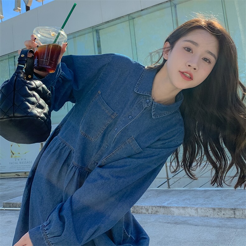 现货慵懒宽松牛仔连衣裙配领带,女装连衣裙,菡迪欧娜