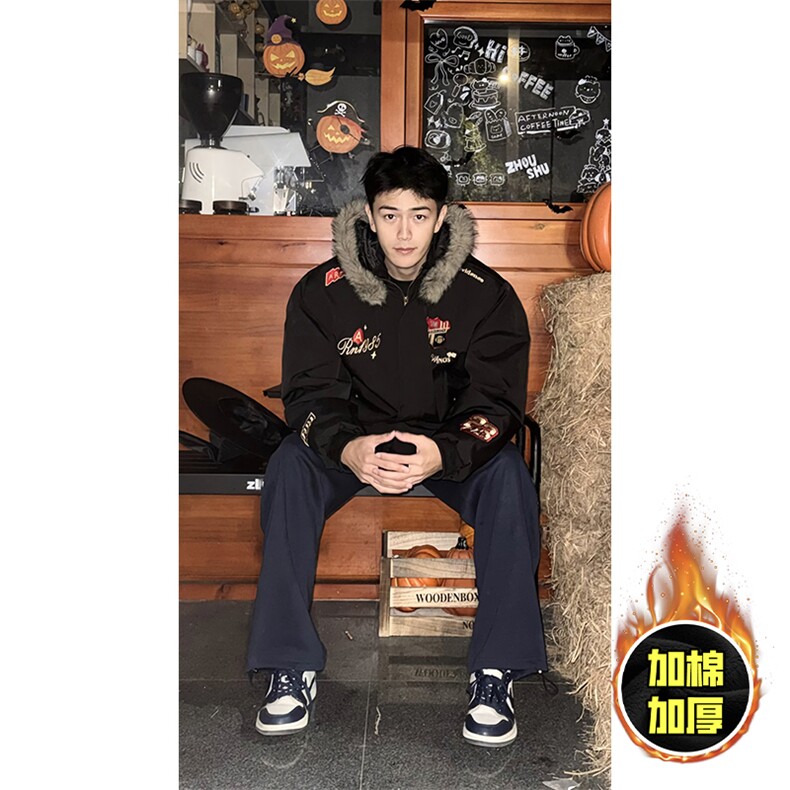 现货高品质美式高街重磅刺绣座山雕大毛毛领棉衣男女加厚棉服外套，男装棉衣，电商A443