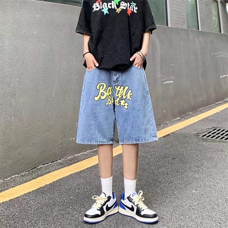 美式复古破洞牛仔裤男夏季薄款ins潮牌水洗五分裤F071P38图片