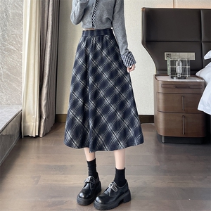 格子半身裙女新款秋冬复古毛呢高腰宽松显瘦中长款a字伞裙子图片