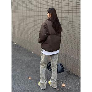 美式复古立领美拉德棕色面包服棉服男女秋冬潮牌磨砂宽松休闲外套图片