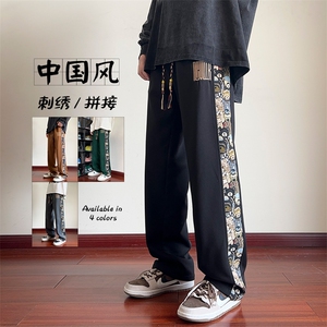 特P35无差价小熊刺绣拼接男士新中式潮流复古大码休闲拖地裤K1188