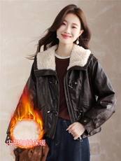 现货！现货！加绒加厚皮衣女2025冬季新款羊羔毛翻领棉衣棉服，女装棉衣/棉服，以桐