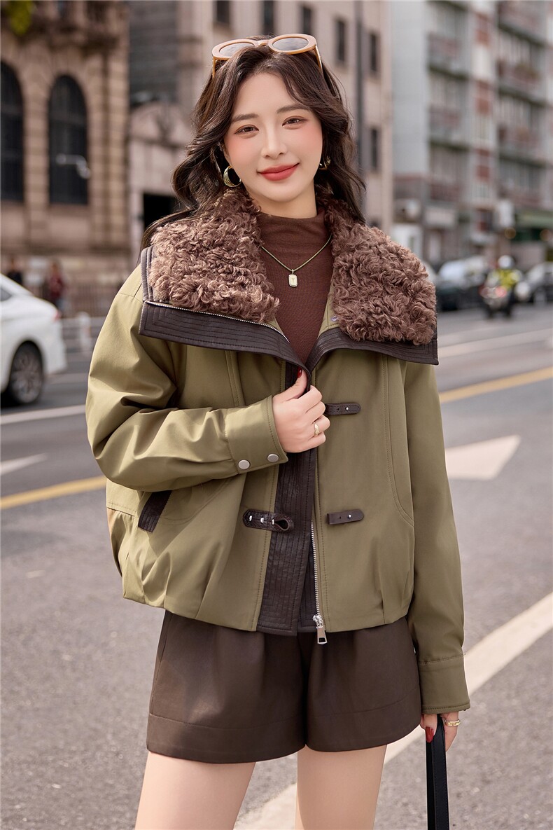 【bao款大货已出】2025冬装新款拼接PU皮仿滩羊毛外套90%白鸭绒,女装羽绒服,雅静靓衣