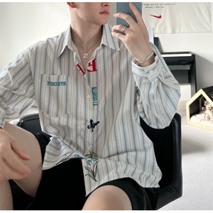 美式复古条纹衬衫男女2025新款刺绣慵懒风设计感宽松休闲外套潮图片