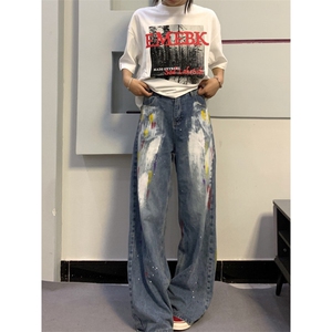 【有货】美式复古涂鸦扎染牛仔裤男女同款宽松裤子NZ803LL-特P55图片