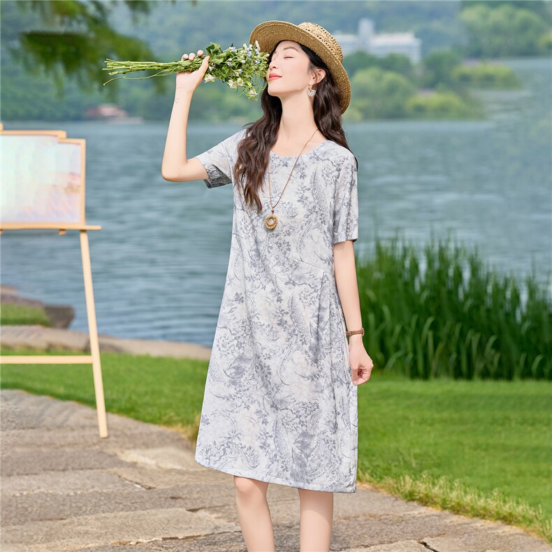 现货2026复古水墨印花连衣裙女夏新款宽松显瘦圆领短袖文艺中长裙,女装连衣裙,鑫鑫格