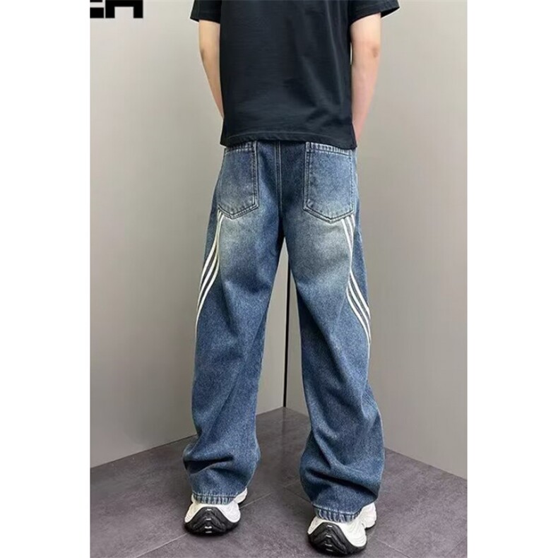 水洗条纹拼接弯刀牛仔裤男ins潮牌宽松阔腿裤高街长裤子NB833,男装牛仔裤,星座1116A（原606A-3）