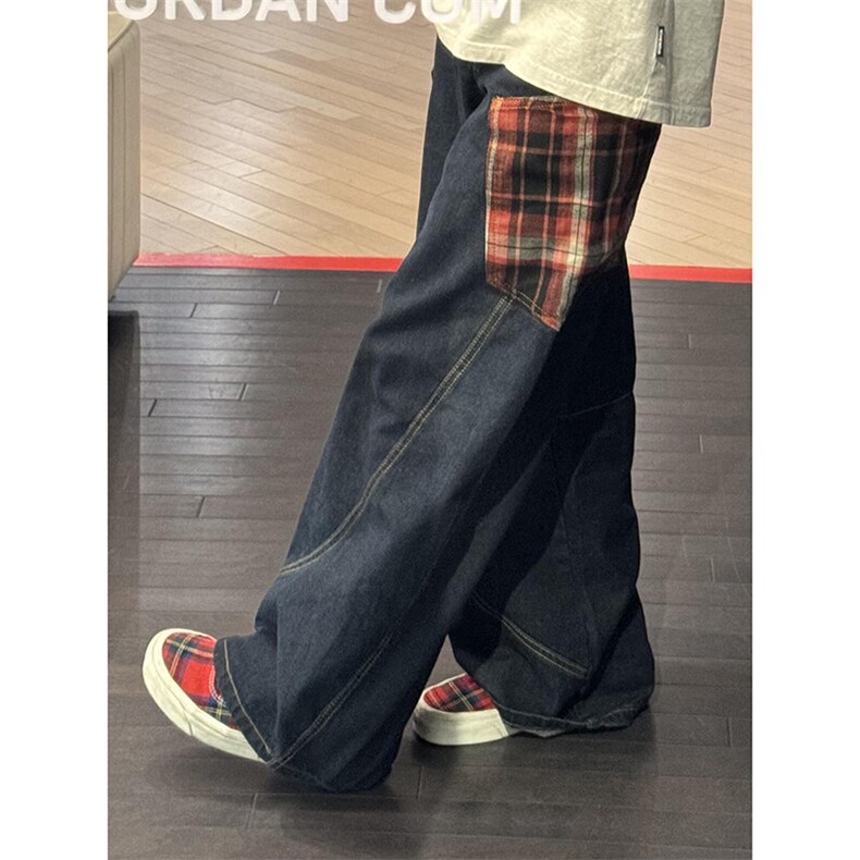 数据！美式格子拼接直筒牛仔裤，男装牛仔裤，星座617C