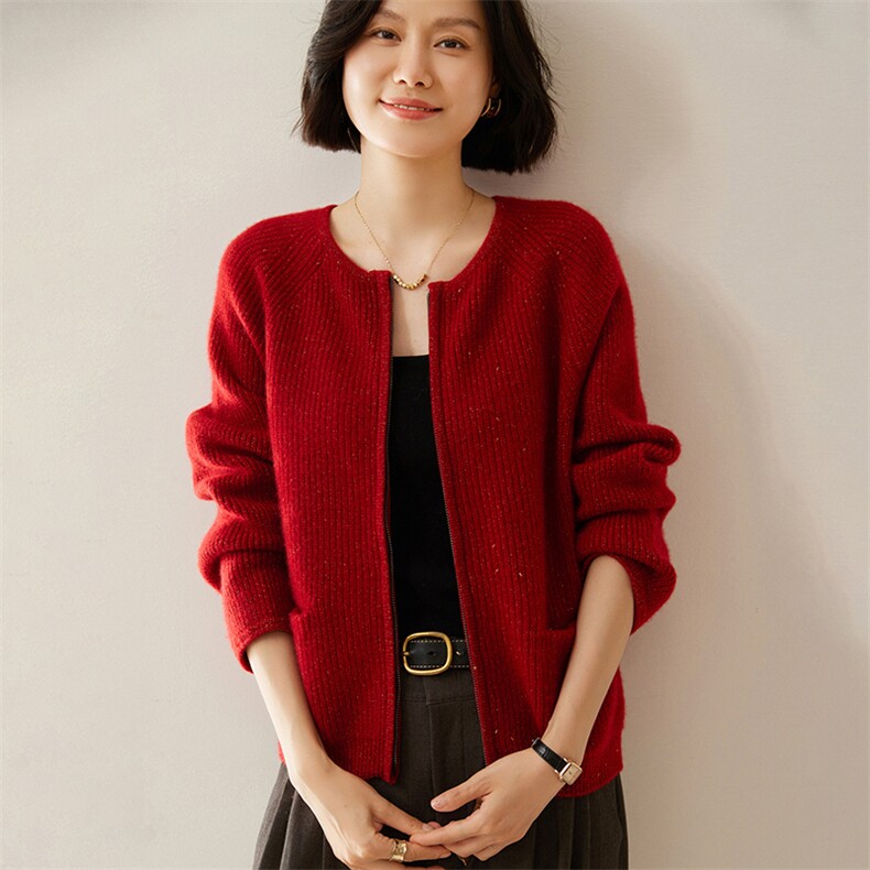 高端软糯亲肤山羊绒针织开衫女秋冬韩版圆领外搭短款毛衣小外套,女装羊绒衫,绒创羊绒