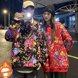 B203秋冬加绒保暖衣圆领防寒花卫衣外套潮男女团队服火锅店中汉服图片