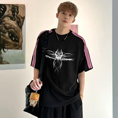 抖音得物品质二开240克宽松纯棉美式潮牌印花三条杠中性风短袖T恤，男装T恤，电商A486-1