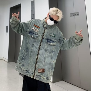 美式复古水洗牛仔外套男春秋2024新款潮牌宽松休闲刺绣立领机车服图片