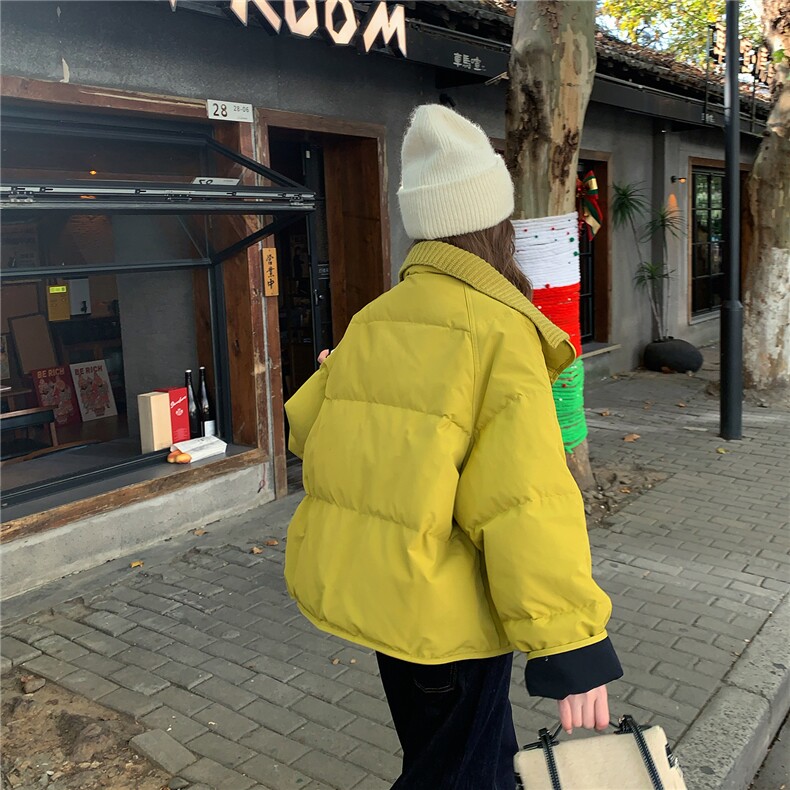 黄色韩系针织拼接羽绒服女2025冬季新款小个子宽松保暖白鸭绒外套,女装羽绒服,2B113