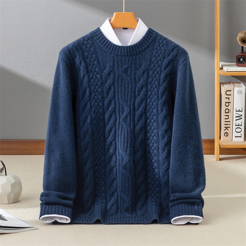 男加厚保暖羊绒衫品质宽松大码圆领绞花针织毛衣百搭纯色打底衫，男装羊绒套衫，牧群羊绒