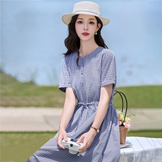 休闲舒适格子连衣裙2026夏季新款显瘦修身棉麻裙子2729，女装连衣裙，罗得堡