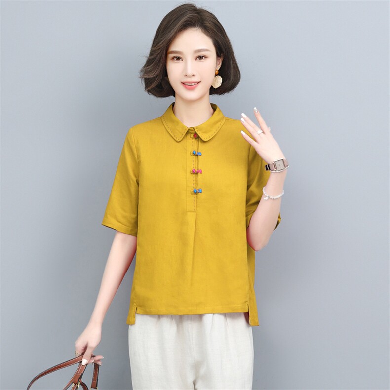 (新款)棉麻T恤小衫夏女2024中老年妈妈装复古亚麻休闲三年不下架,女装T恤,璐依舞