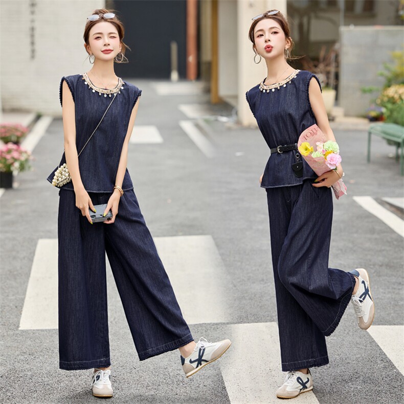夏季薄款2025新款藏青色复古牛仔套装女无袖背心阔腿裤气质两件套图片