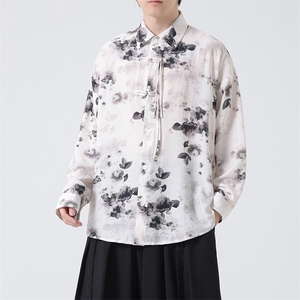 C8605 P65 无影墻 高品质水墨印花盘扣新中式风唐装汉服衬衫图片