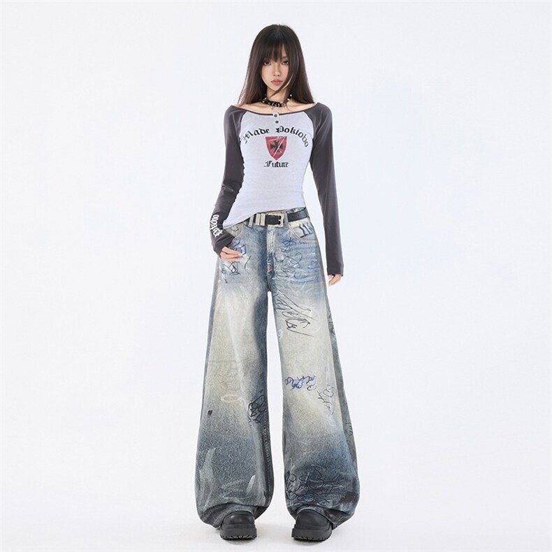 得物品质秋款男女牛仔裤渐变色扎染印花宽松长裤NK9064P85,男装牛仔裤,星座1013-1