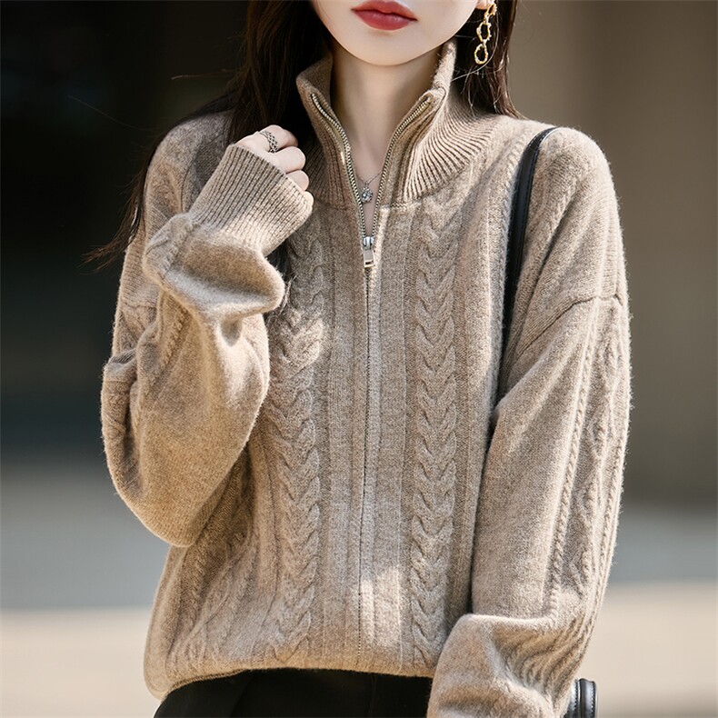 加厚立领复古100%纯羊毛开衫拉链毛衣外套女2025新麻花针织上衣,针织衫/毛衣,朝辰羊绒