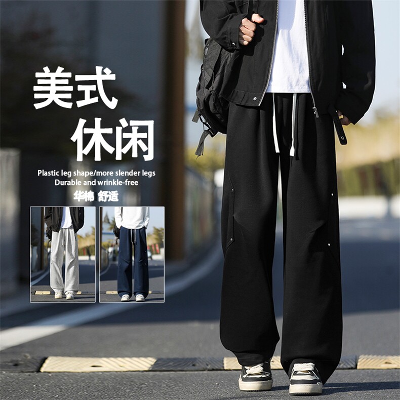 M-5XL 华棉62%美式显瘦宽松铆钉拼接时尚卫裤X1590特批35图片