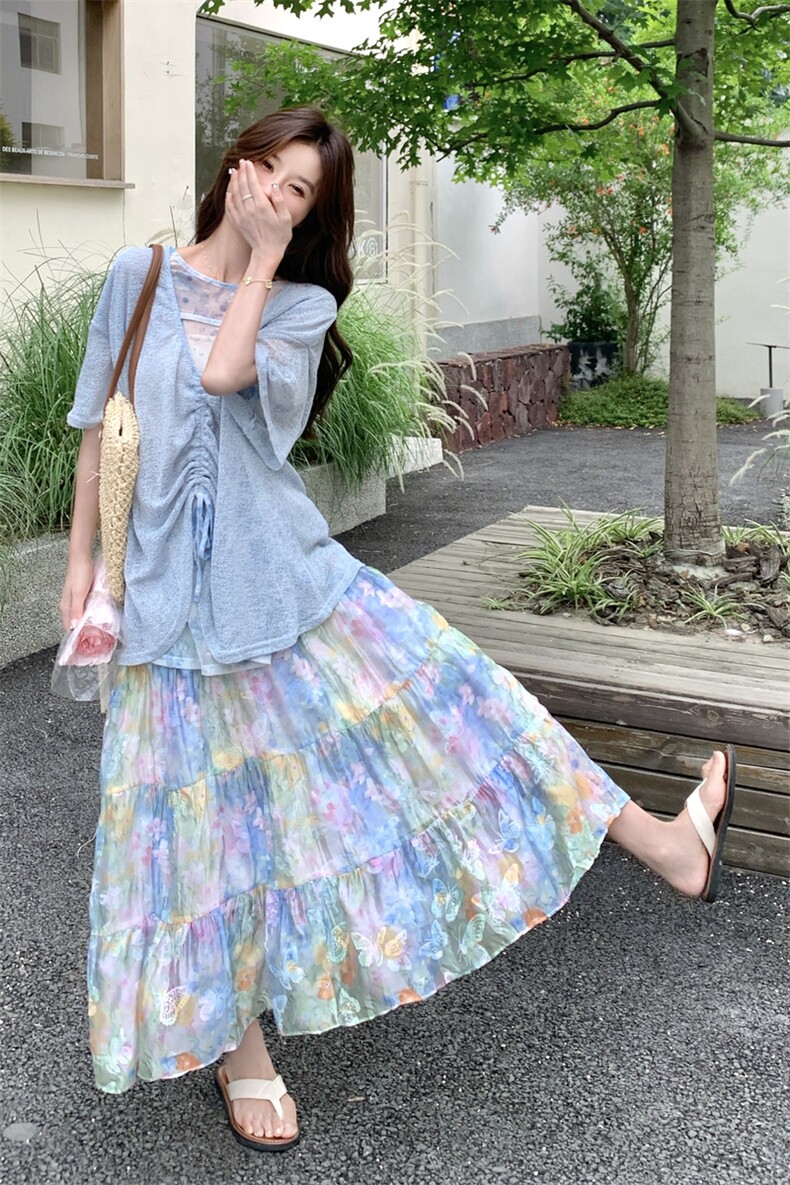 雾霾蓝T恤碎花半身裙套装女夏2025新款两件套韩里韩气爆款流行,女装套装/套裙,2C115