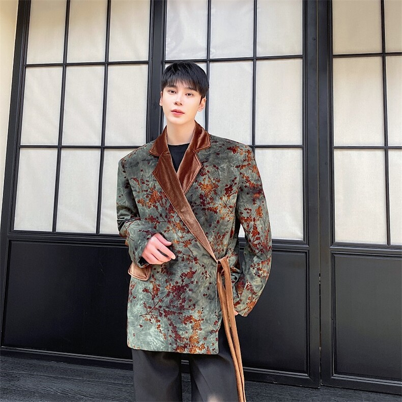 春季中式复古植绒拼色绑带设计垫肩阔型男女西服潮流痞帅，男装西服，电商A246