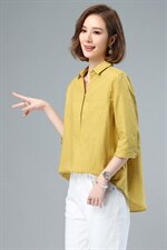棉麻衬衫女短袖韩版显瘦大码前短后长遮肚子衬衣夏季亚麻上衣女，女装衬衫，希欧阁